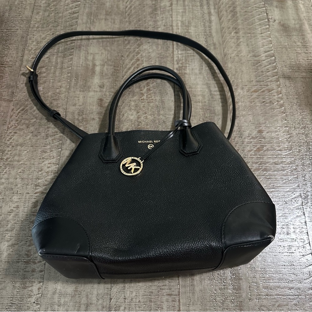 Michael Kors Black Leather Shoulder Bag with Gold Accents